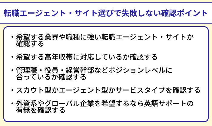ハイクラス向け転職エージェント・サイト選びで失敗しない確認ポイントについてのイラスト