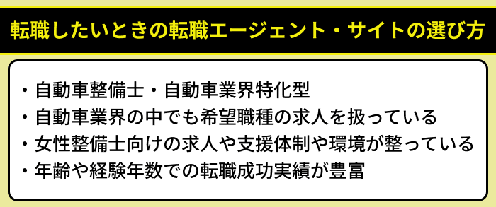 自動車整備士が転職したいときの転職エージェント・サイトの選び方のイラスト