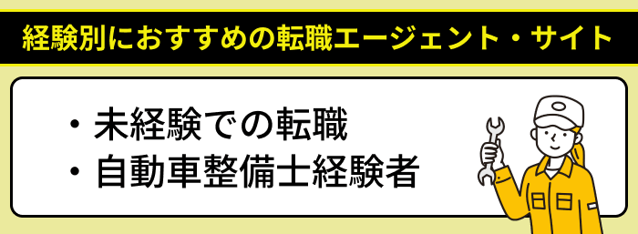 経験別に自動車整備士への転職におすすめの転職エージェント・サイトのイラスト