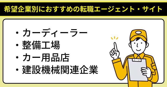 希望企業別に自動車整備士の転職におすすめの転職エージェント・サイトのイラスト
